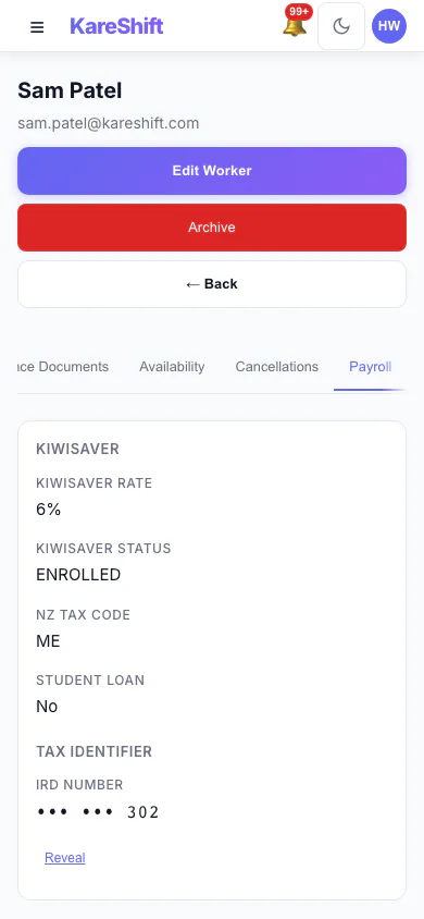 Worker Payroll Details: Payroll details and allowance settings for a worker. (mobile view)