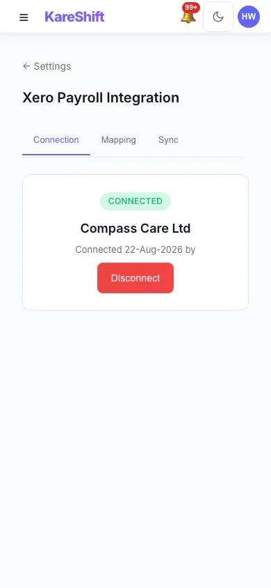 Xero Connection: Connect your Xero organisation once. (mobile view)
