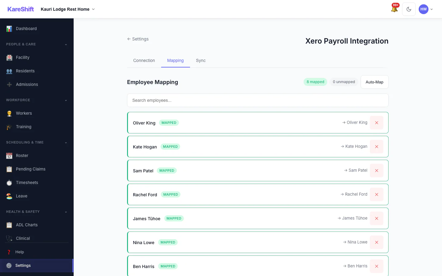 Xero Pay-Item Mapping: Map KareShift pay categories to your Xero earnings rates.