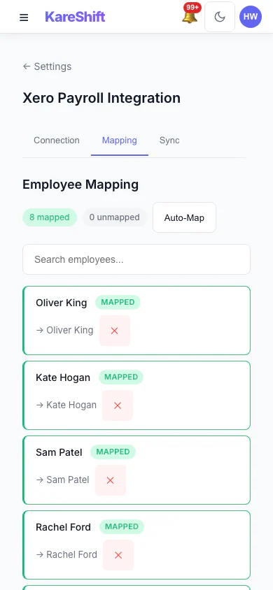 Xero Pay-Item Mapping: Map KareShift pay categories to your Xero earnings rates. (mobile view)