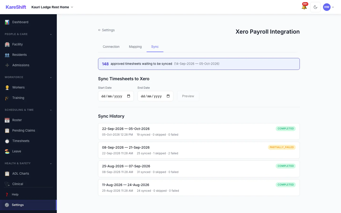 Xero Sync History: Past syncs with what succeeded and what failed.