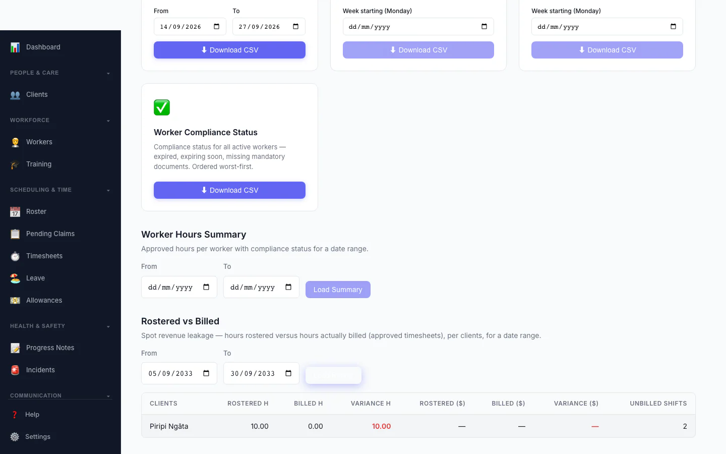 Rostered vs Billed report — hours rostered versus hours billed, with the shortfall highlighted