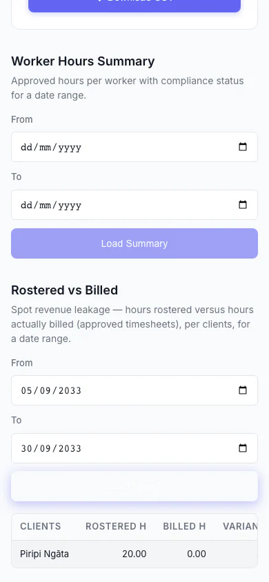 Rostered vs Billed report — hours rostered versus hours billed, with the shortfall highlighted — mobile view