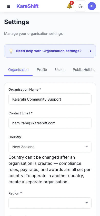 Settings — Mobile