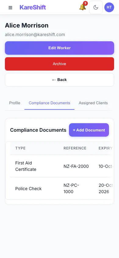 Worker Compliance — document tracking with expiry alerts — mobile view