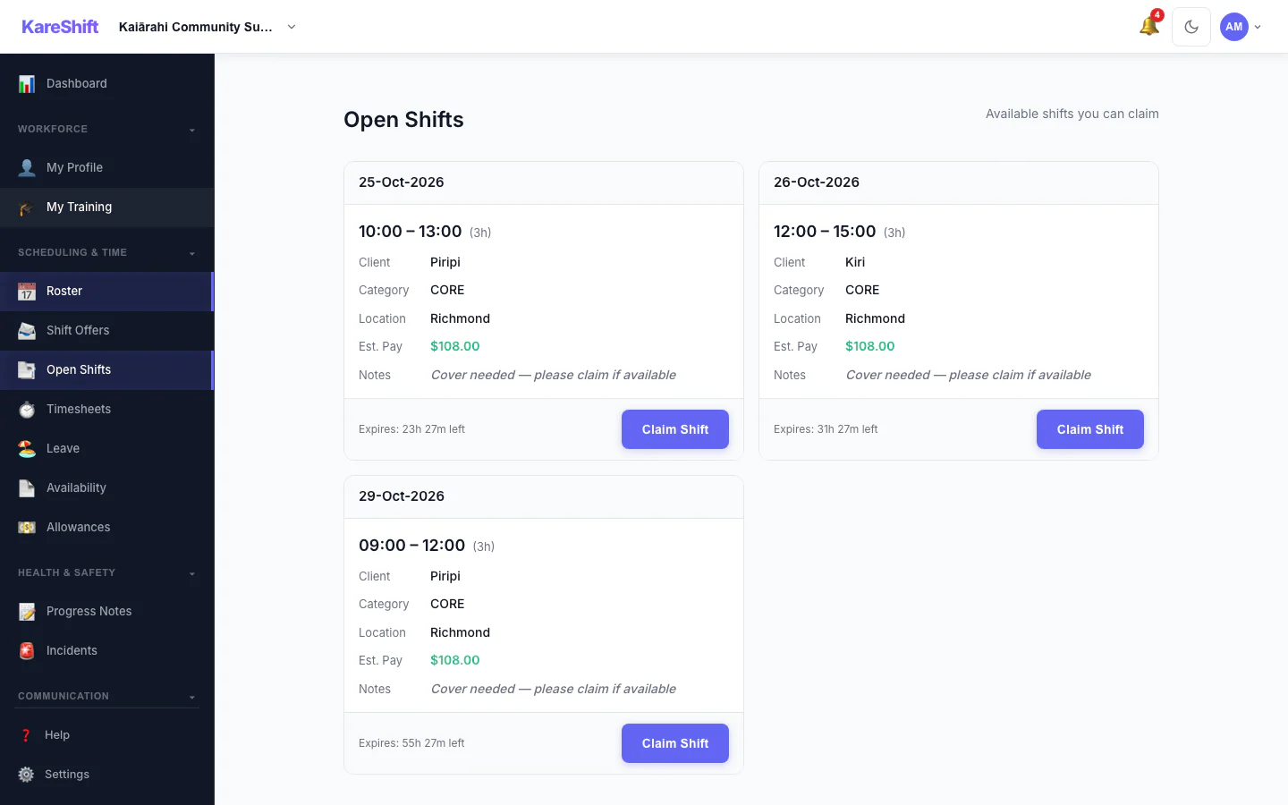 Open Shift Board — claimable vacant shifts with pay estimate and expiry