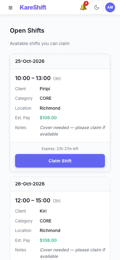 Open Shift Board — claimable vacant shifts with pay estimate and expiry — mobile view