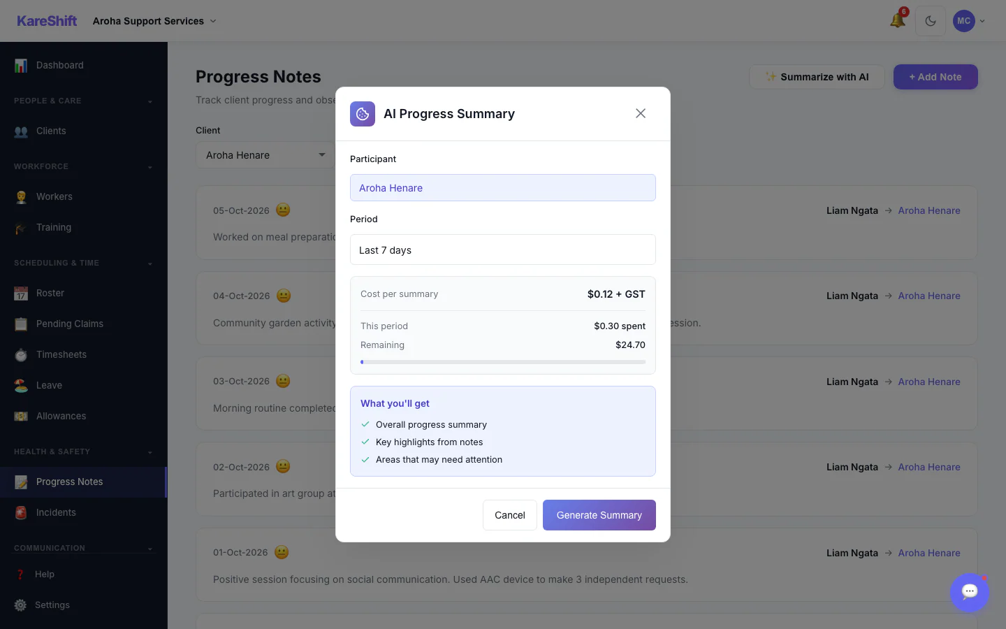 AI Progress Summary — Choose a Period: Pick a participant and a date range, see the cost per summary, then generate. Off by default; owners switch it on.