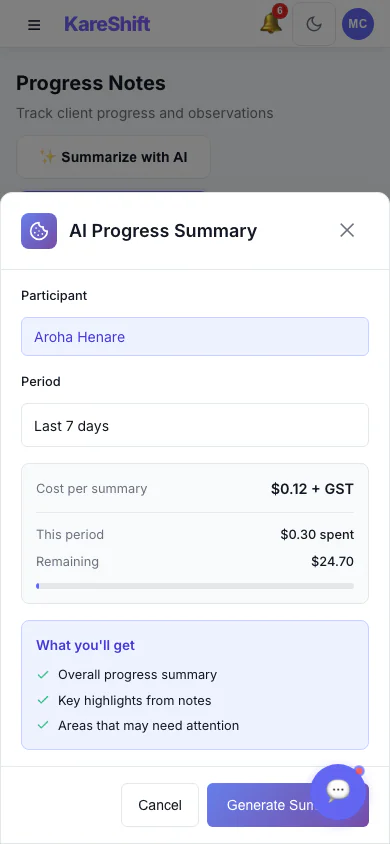 AI Progress Summary — Choose a Period: Pick a participant and a date range, see the cost per summary, then generate. Off by default; owners switch it on. (mobile view)