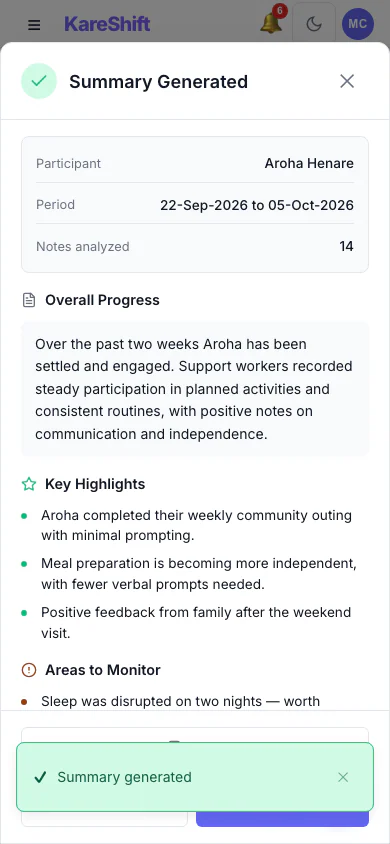 AI Progress Summary — Result: A written summary with highlights and areas to monitor. Staff review it before relying on it. (mobile view)