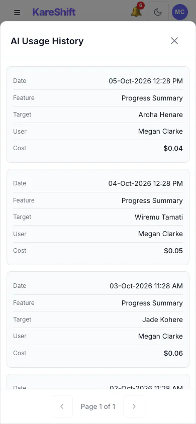 AI Usage History: Every summary generated, who ran it, for whom and what it cost. (mobile view)
