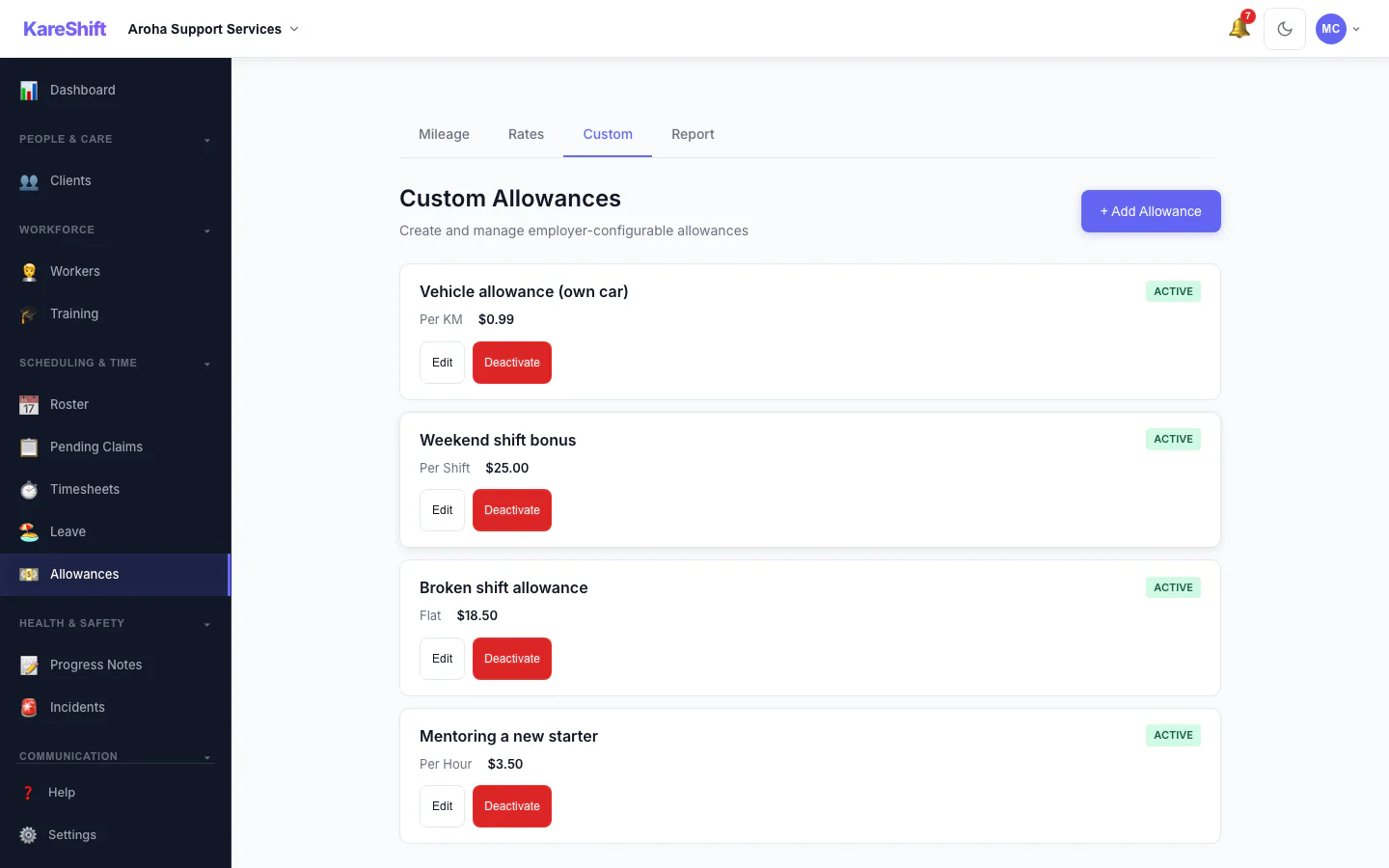 Custom Allowances: Create your own allowances beyond the standard ones, each with its own rate.