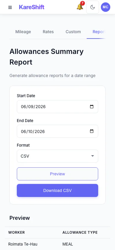 Allowances Report: Preview and export what was paid in allowances over a period, with a grand total. (mobile view)