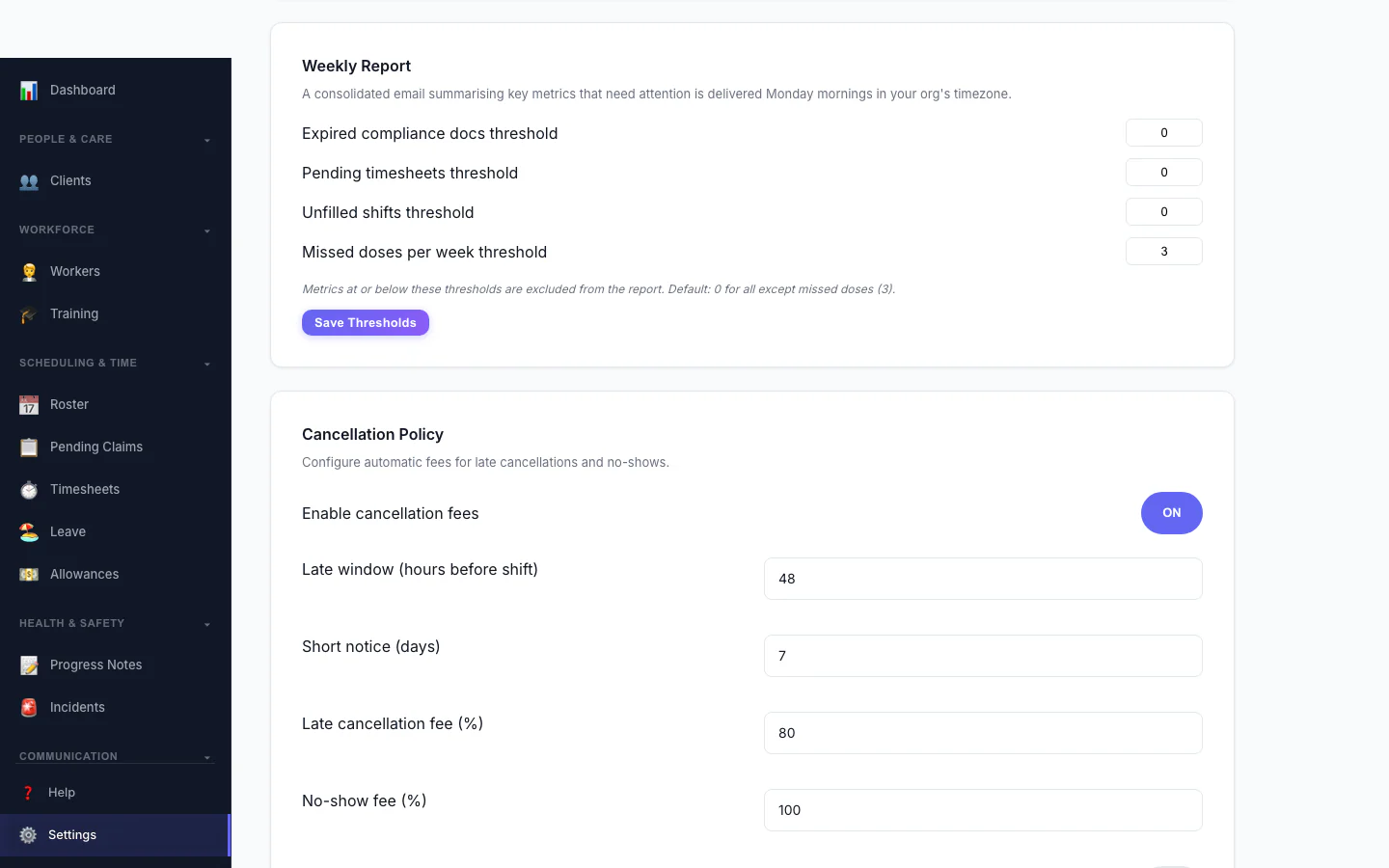 Cancellation Policy settings — automate late-cancellation and no-show fees