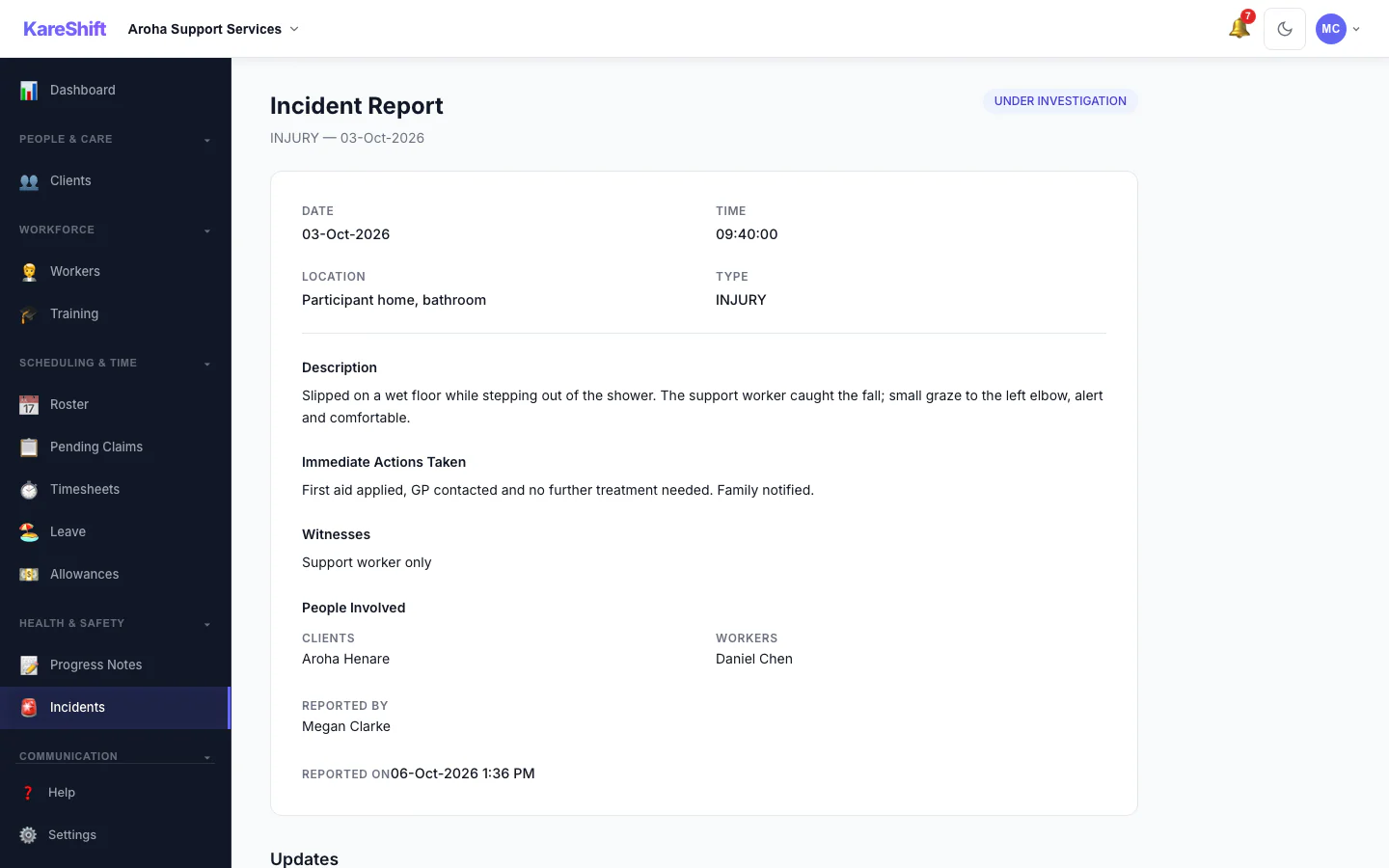 Incident Detail: An incident with its status, details and the update trail of who did what.