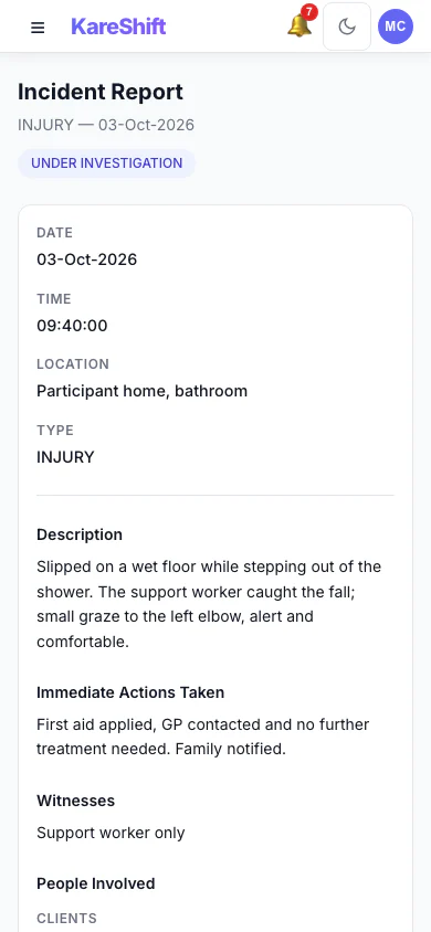 Incident Detail: An incident with its status, details and the update trail of who did what. (mobile view)