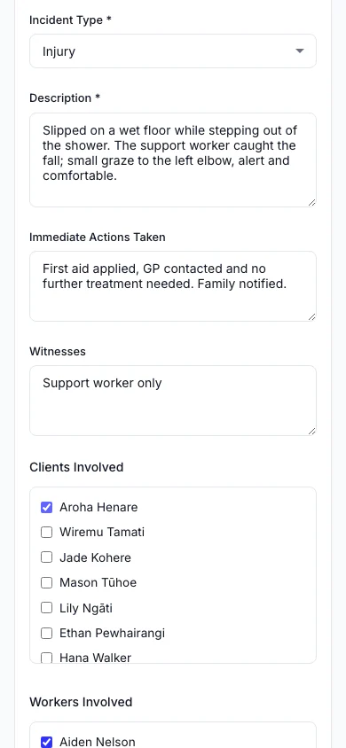 Report an Incident: Record what happened, who was involved and what was done straight away. (mobile view)
