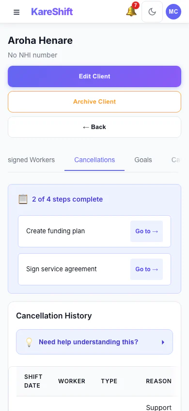 Cancellation History: Cancelled visits with who cancelled, whether the fee is claimable and the amount. (mobile view)
