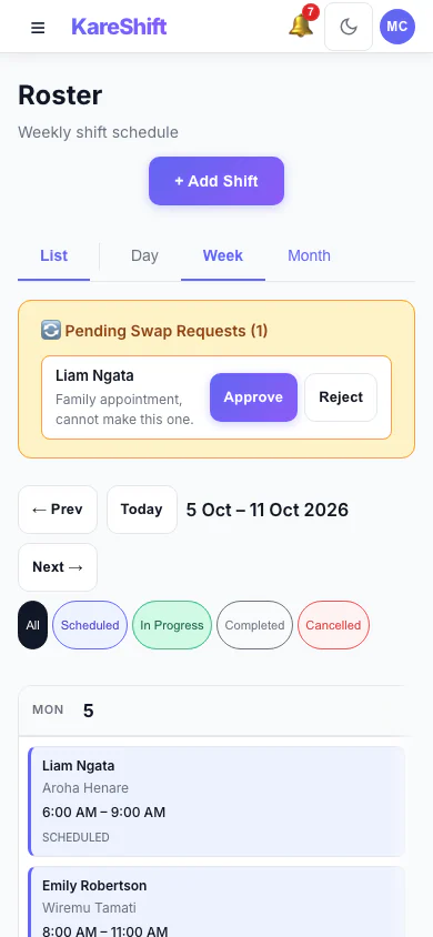Shift Swap Requests: Pending swap requests with approve and reject. (mobile view)