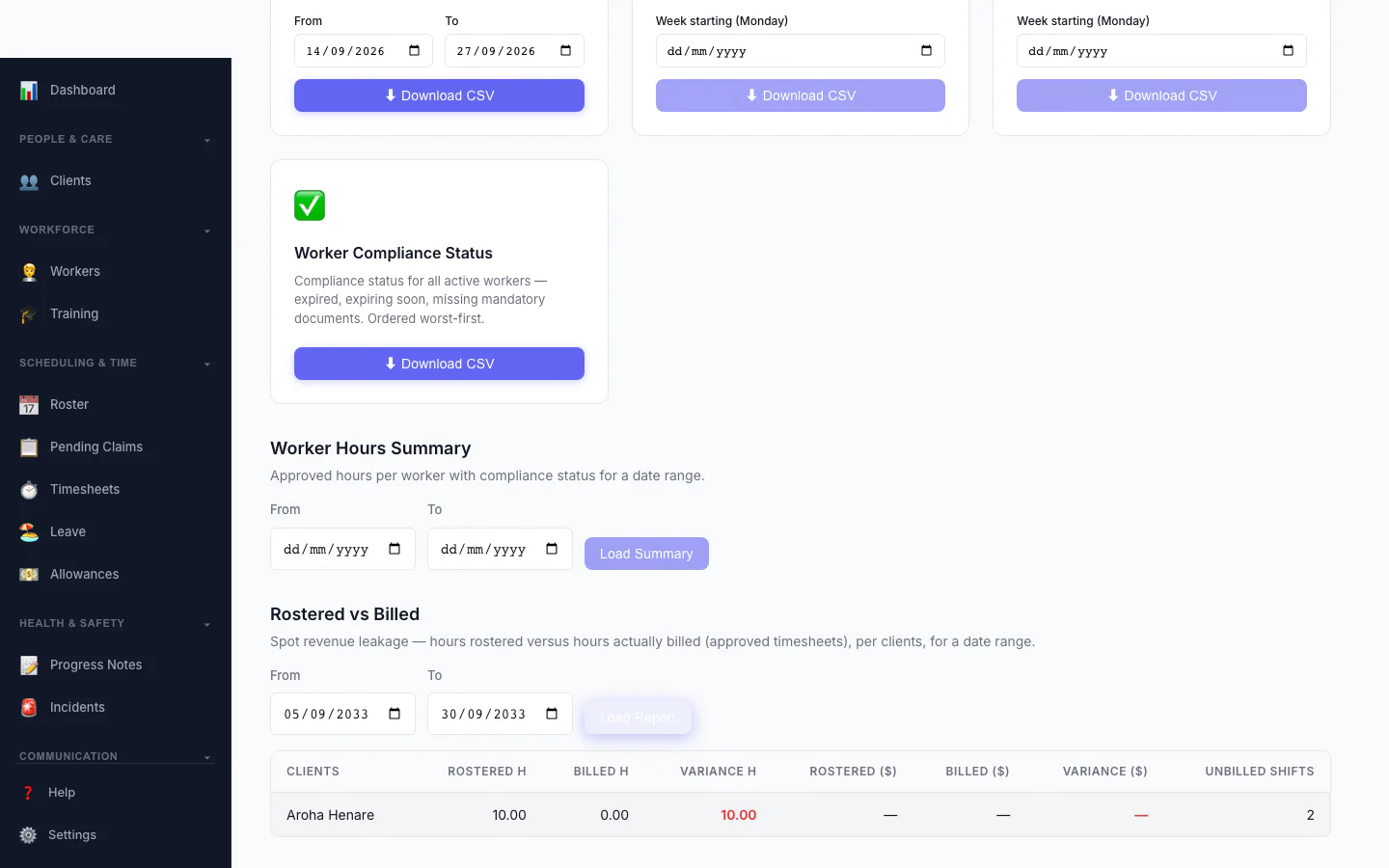 Rostered vs Billed report — hours rostered versus hours billed, with the shortfall highlighted