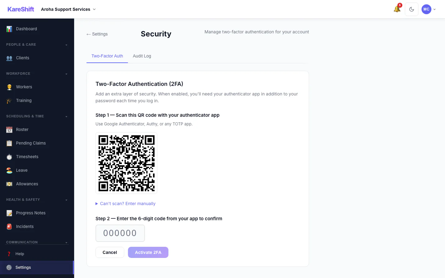 Set Up Two-Factor Authentication: Scan a code with an authenticator app, then enter the six-digit code to switch it on.