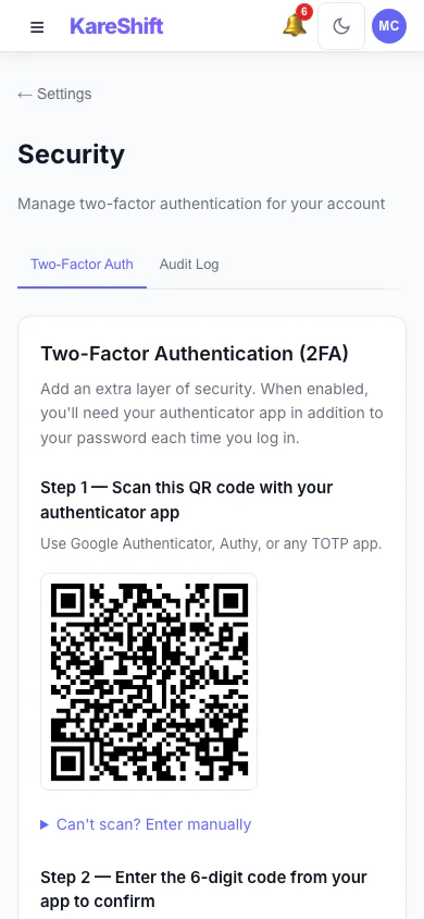 Set Up Two-Factor Authentication: Scan a code with an authenticator app, then enter the six-digit code to switch it on. (mobile view)