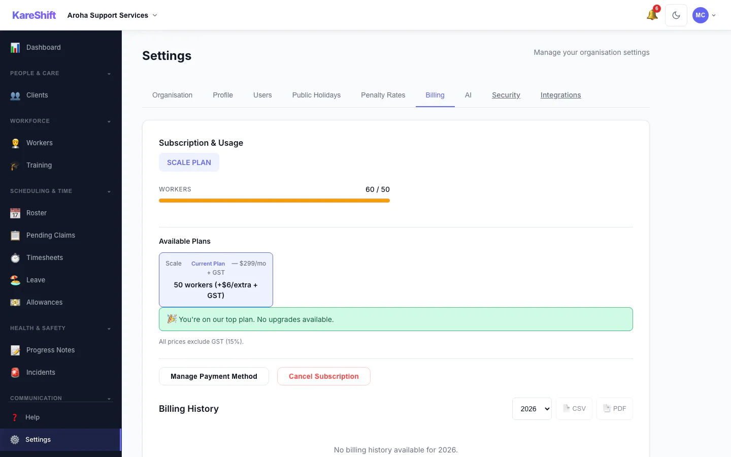 Billing and Plan: Your plan, worker usage and billing history.