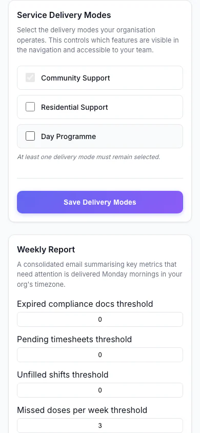 Service Delivery Modes: Choose which kinds of service your organisation delivers. (mobile view)