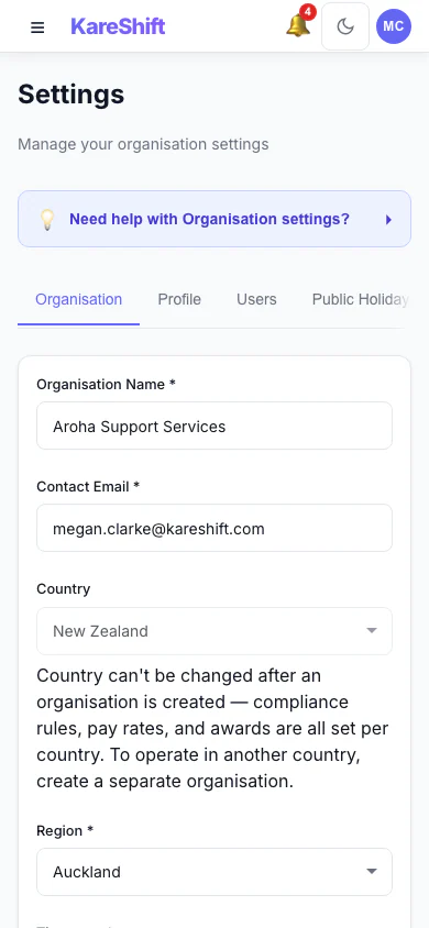 Settings — Mobile