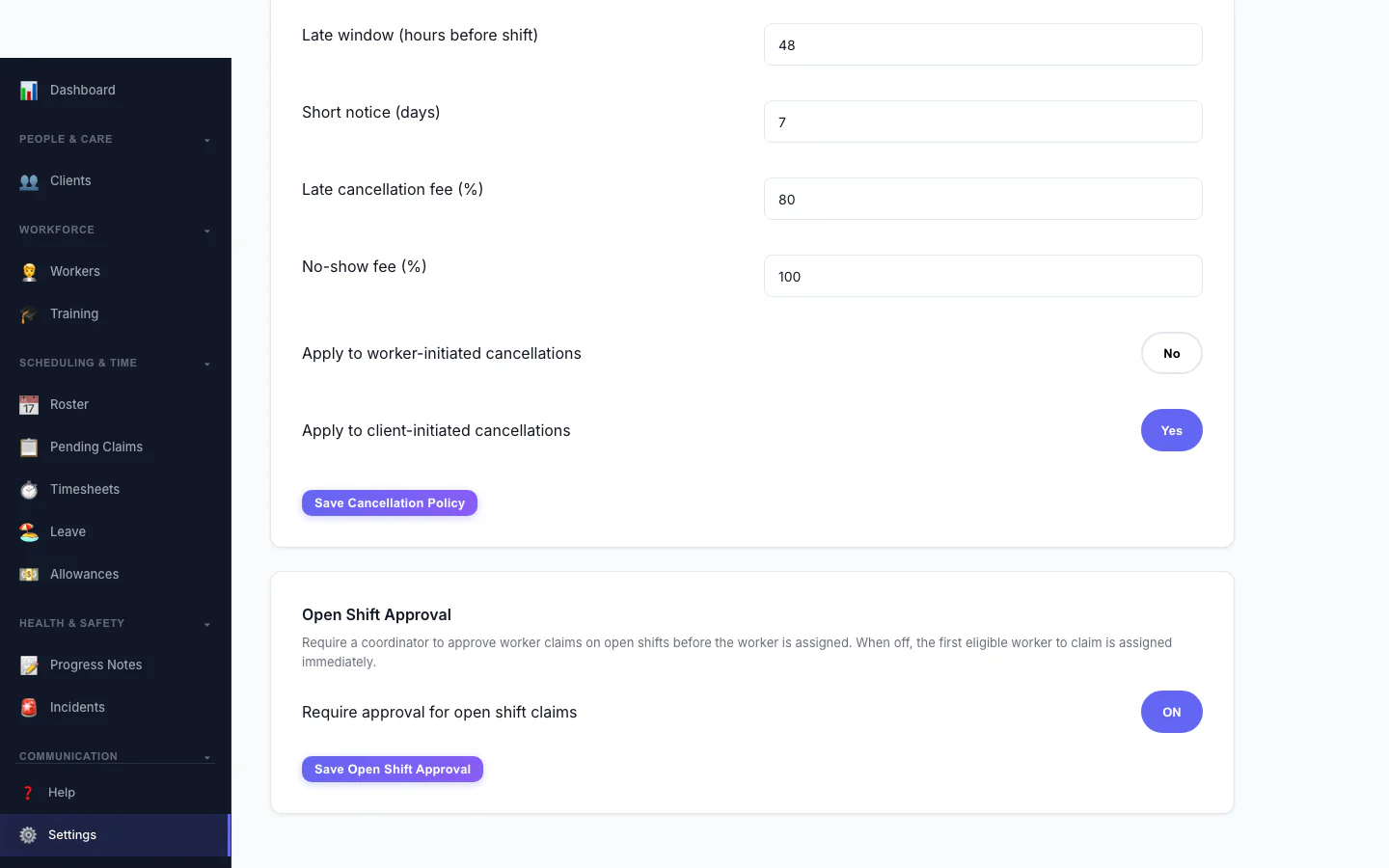 Open Shift Approval: Decide whether workers can claim open shifts straight away or need approval.