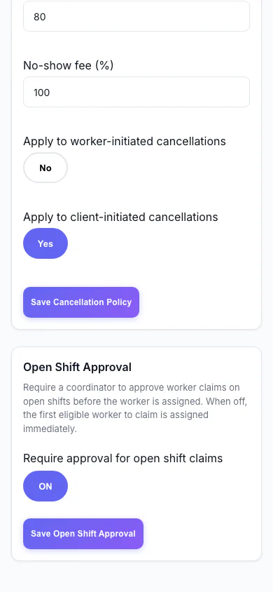 Open Shift Approval: Decide whether workers can claim open shifts straight away or need approval. (mobile view)