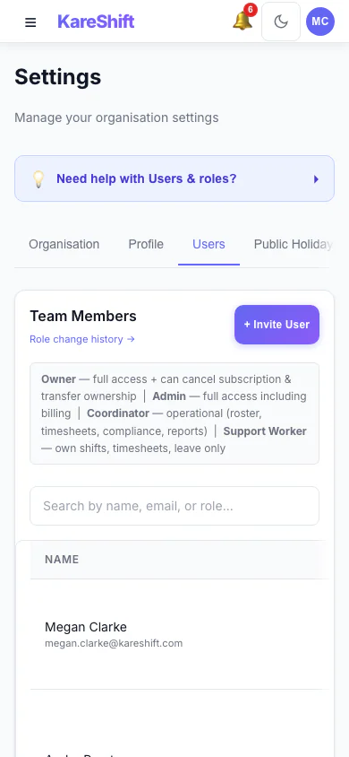 Team Members and Roles: Everyone in your organisation, their status and roles. (mobile view)