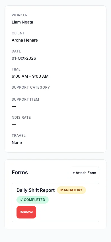 Forms Attached to a Shift: A shift with a mandatory form marked completed. (mobile view)