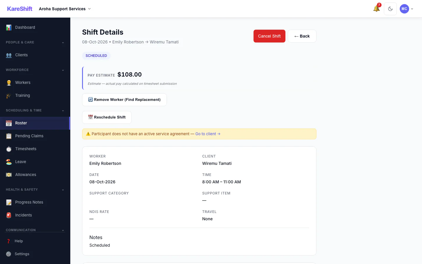 Shift Detail: A shift with its worker, pay estimate and attached forms.