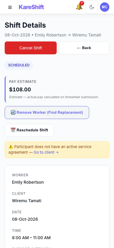 Shift Detail: A shift with its worker, pay estimate and attached forms. (mobile view)