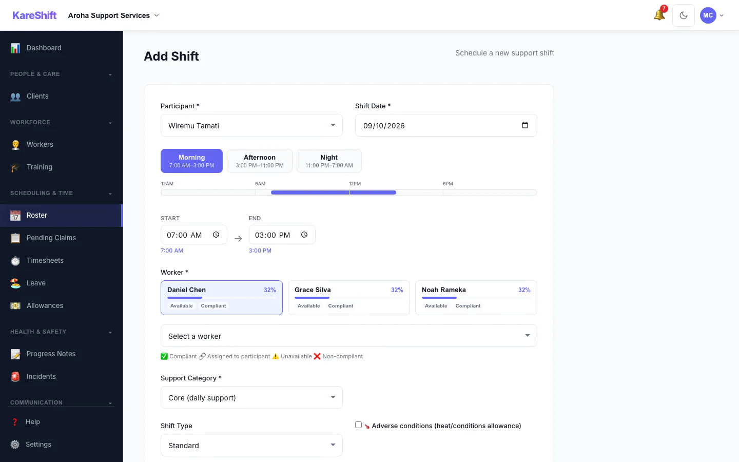 Add a Shift: Pick the person, date and times, and see suggested workers.