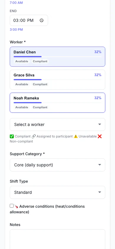 Add a Shift: Pick the person, date and times, and see suggested workers. (mobile view)