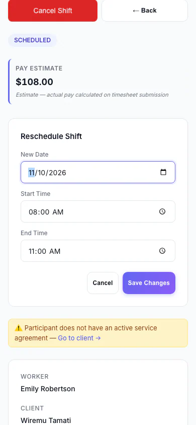 Reschedule a Shift: Move a shift to a new date and time. (mobile view)