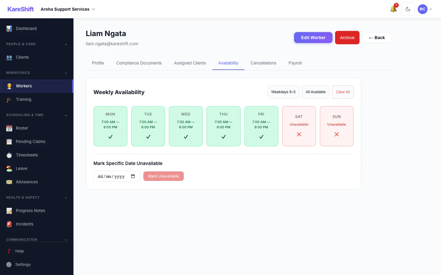 Worker Availability: A worker's weekly availability grid.