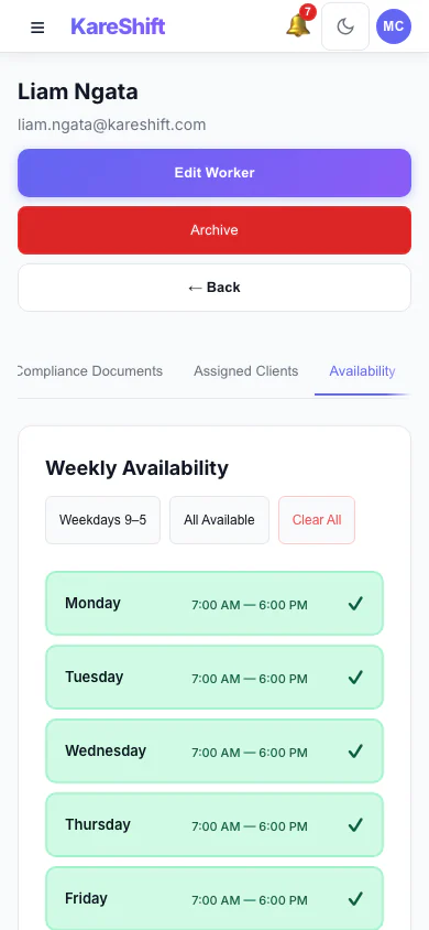 Worker Availability: A worker's weekly availability grid. (mobile view)
