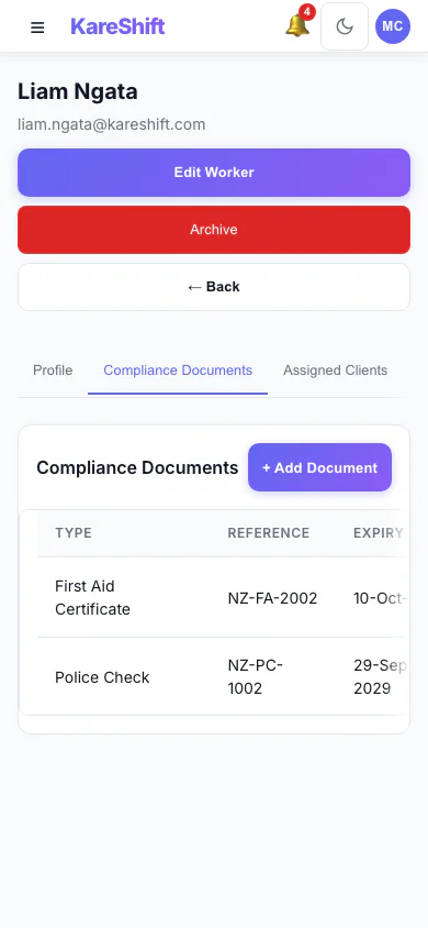 Worker Compliance — document tracking with expiry alerts — mobile view