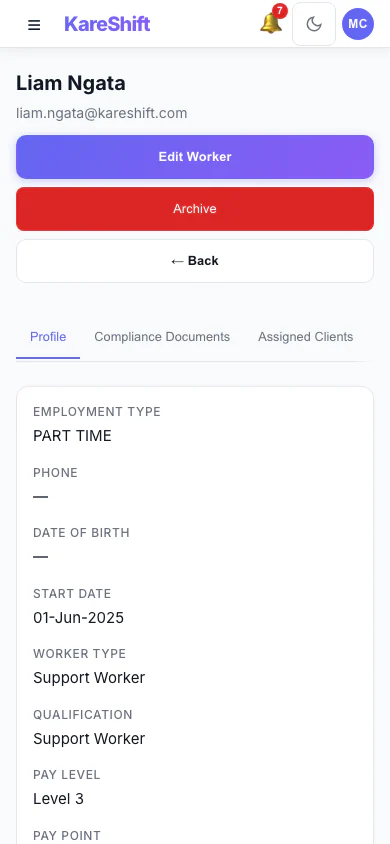 Worker Profile: A worker's profile and details. (mobile view)