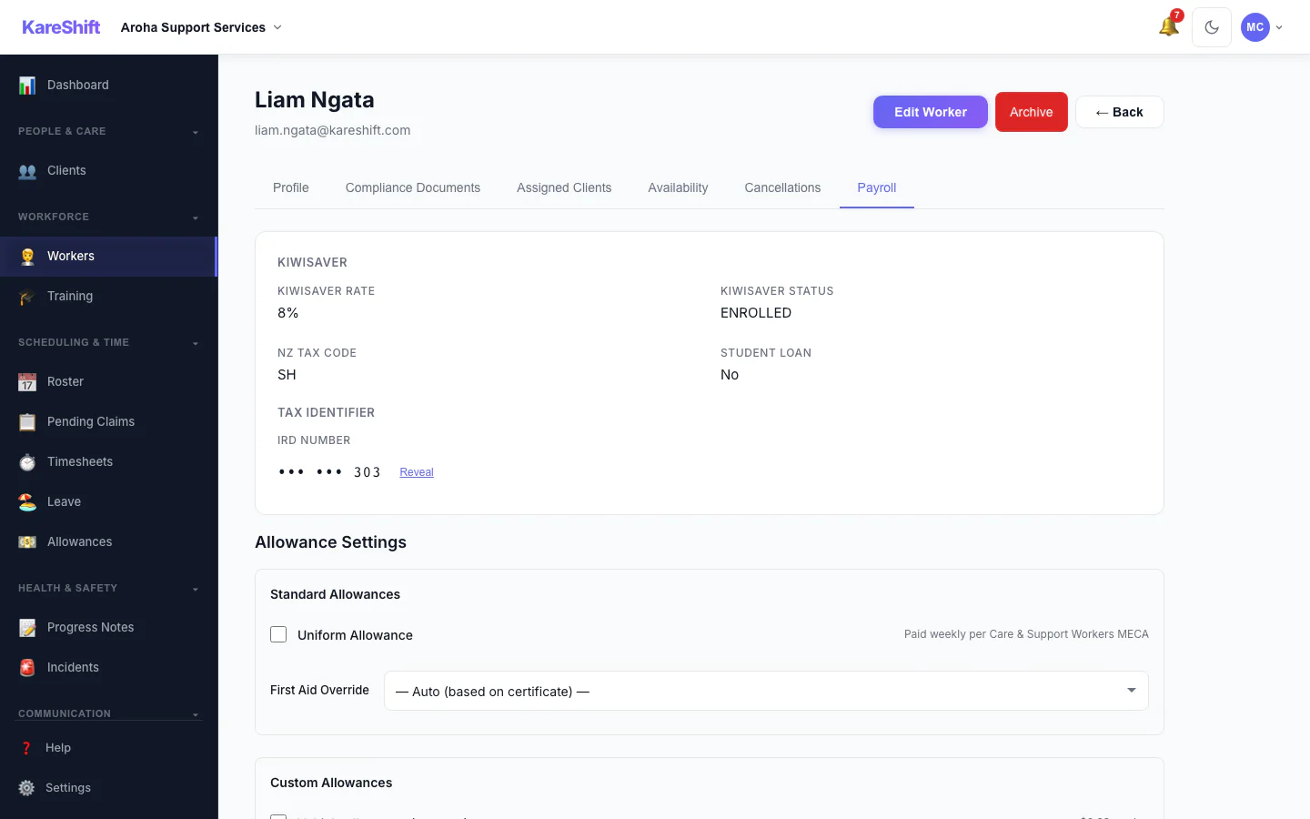 Worker Payroll Details: Payroll details and allowance settings for a worker.