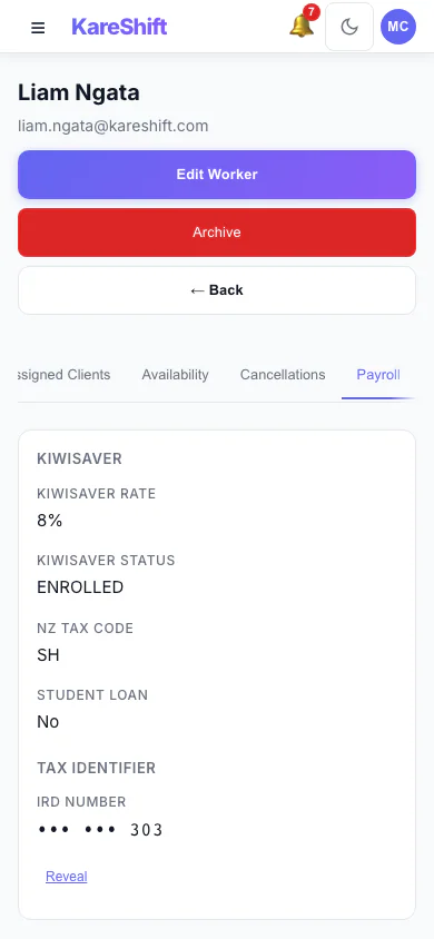 Worker Payroll Details: Payroll details and allowance settings for a worker. (mobile view)