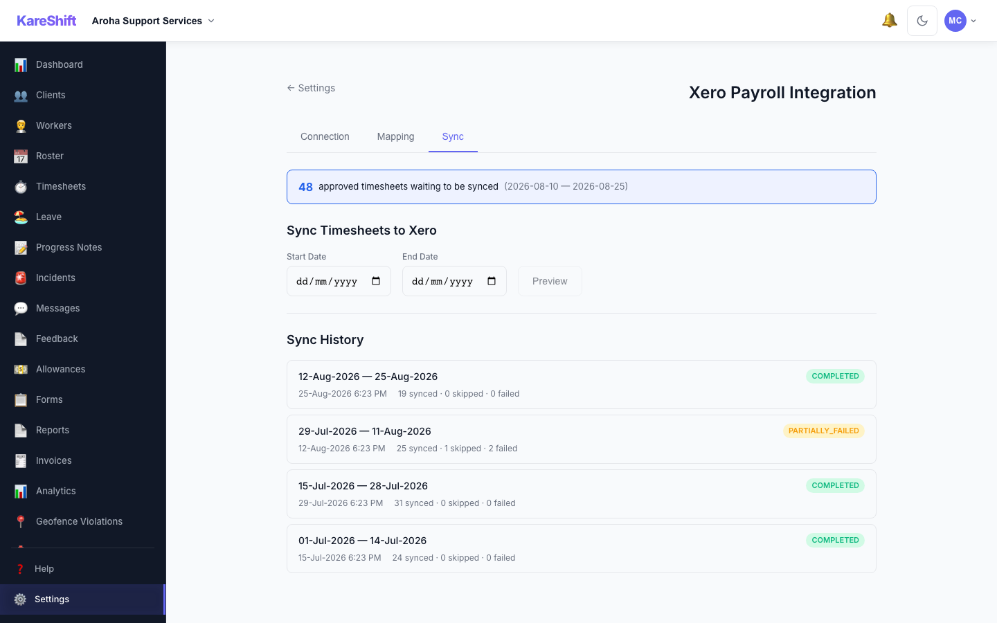 Xero Sync History