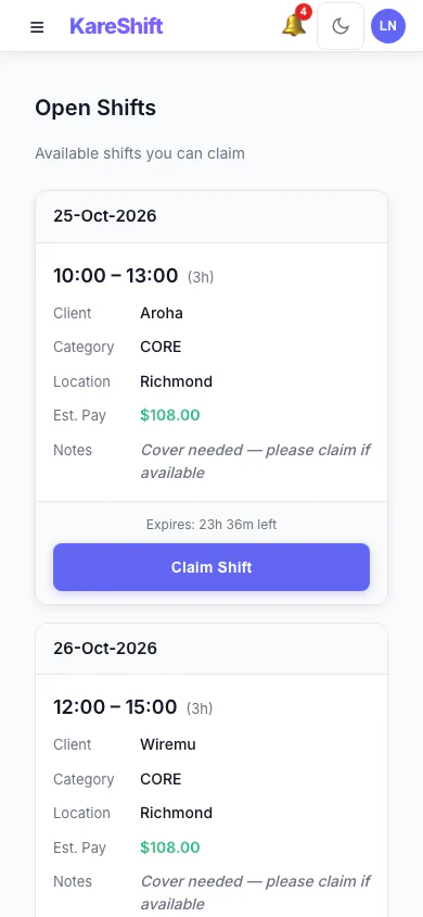 Open Shift Board — claimable vacant shifts with pay estimate and expiry — mobile view