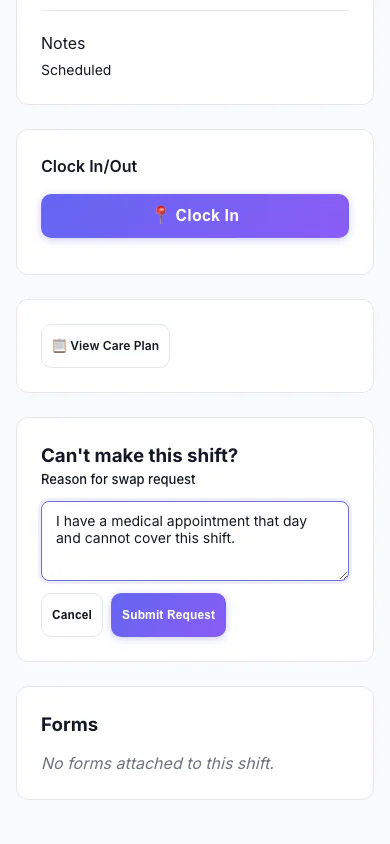 Ask to Swap a Shift: A worker who can't make a shift asks to swap it and says why. (mobile view)